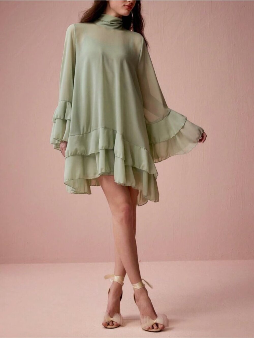 Mint Green Chiffon Tiered Ruffle Mini Dress | High Neck Back-Tie